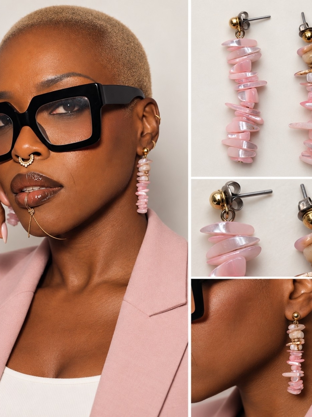 Elegant Pink Shell Stack Drop Earrings - Women Jewelry